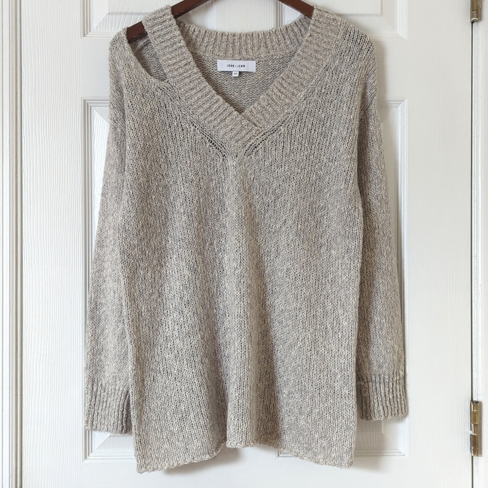 John + Jenn Molly Alpaca Blend Marled Knit Cut Out V-neck Sweater Gray Cream S